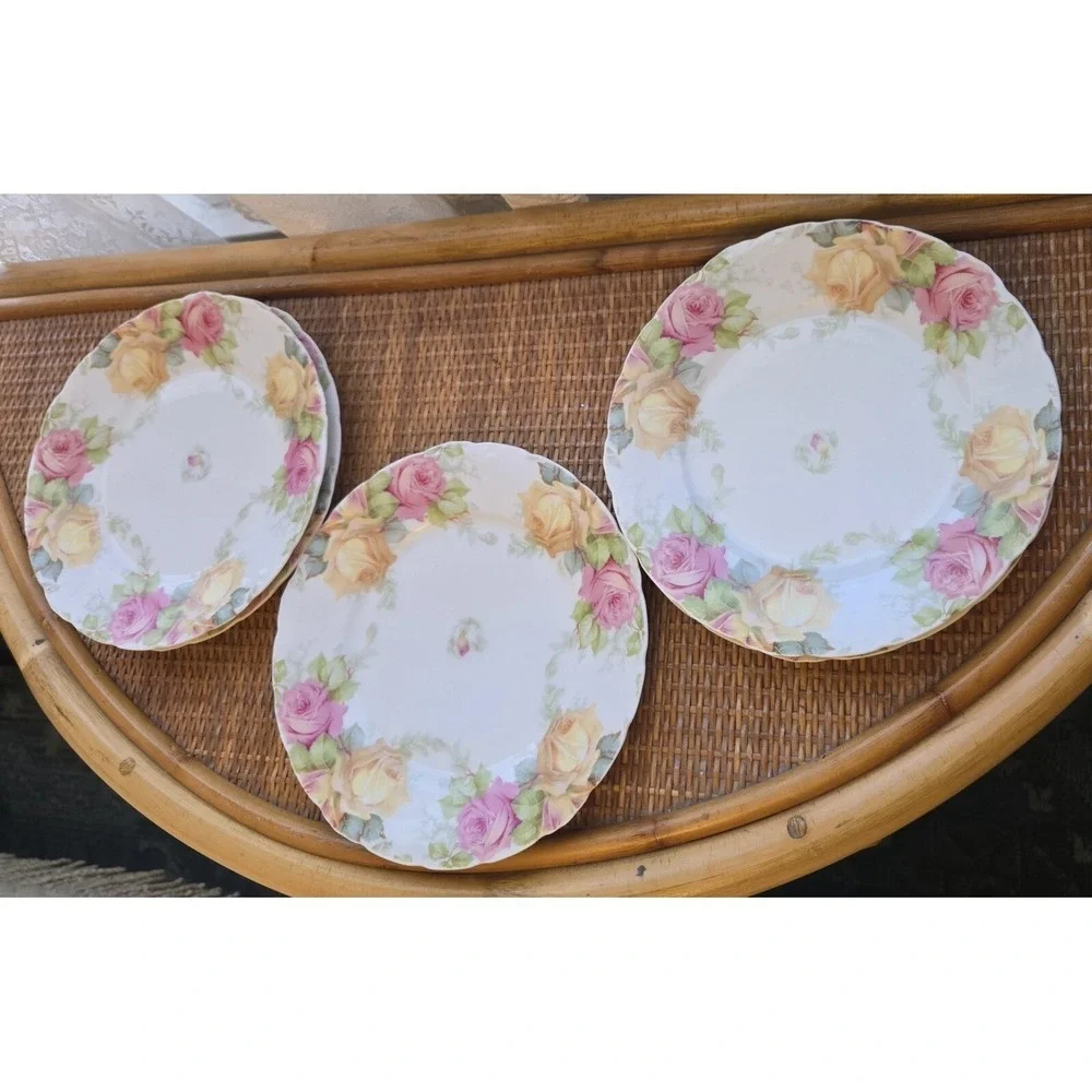 Antique Porcelain Plates 'Louvre' Series Hand- Painted Pink And Yellow Roses